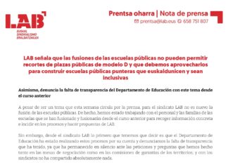 LAB señala que las fusiones de las escuelas públicas no pueden permitir recortes de plazas públicas de modelo D y que debemos aprovecharlos para construir escuelas públicas punteras que euskaldunicen y sean inclusivas