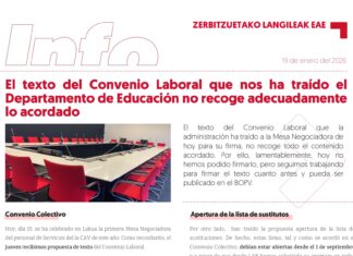 Personal de Servicios de la CAV: El texto del Convenio Laboral que nos ha traído el Departamento de Educación no recoge adecuadamente lo acordado