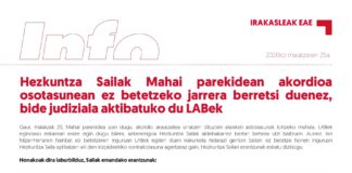 EAEko Irakasleak: Hezkuntza Sailak Mahai parekidean akordioa osotasunean ez betetzeko jarrera berretsi duenez, bide judiziala aktibatuko du LABek